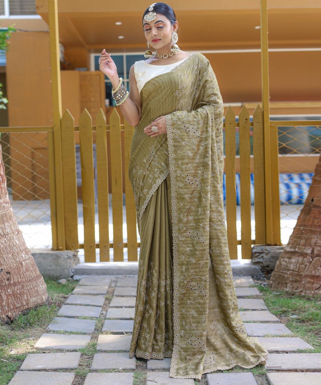 Women's Royal Prussian Blue Georgette Saree with Intricate Silver Thread & Mirror Work Embroidery – Perfect for Festive & Wedding Celebrations - Image 13